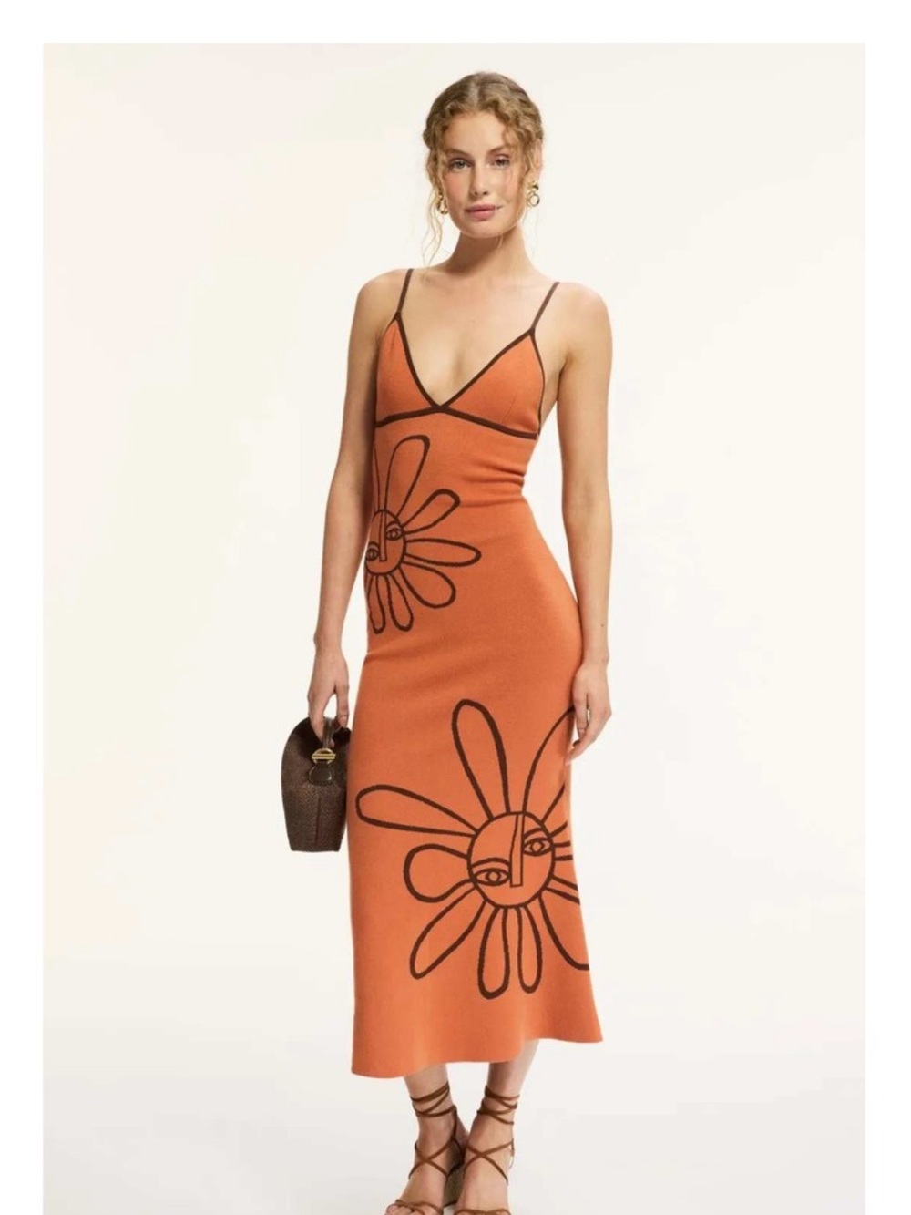 The Wolf Gang Soleil Knit Dress Floral Sleeveless Midi Sheath Jaffa Orange M